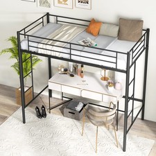 Metal Loft Bed Space-saving Loft Bed Frame with 2 Ladders Black
