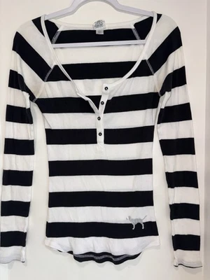 Love PINK Victoria's Secret Sz S P Black White Stripe Rib Henley Shirt Tee Small - Image 1 of 4