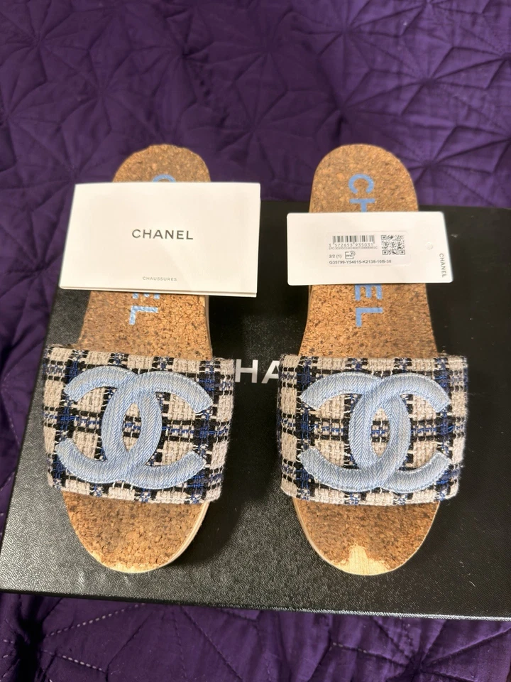 Сандалии Chanel 20P синие твидовые джинсовые с логотипом CC пробковый мул скользящая платформа плоские 38 - Изображение 4 из 4