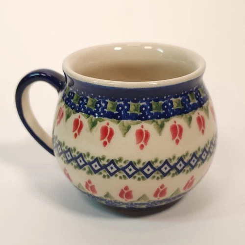 Polish Pottery 12 oz Bubble Mug UNIKAT Boleslawiecka Tulips Diamond Hand Painted