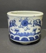 Blue and white porcelain incense burner with dragon motif