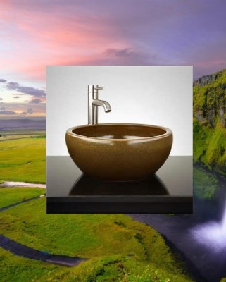 Signature Hardware Round Polished Beige Travertine Vessel Sink with Offset Rim
