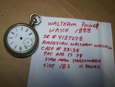 Antique Pocket watch movement Waltham Grade 3 18S 11 jewel 1888-90 as is parts