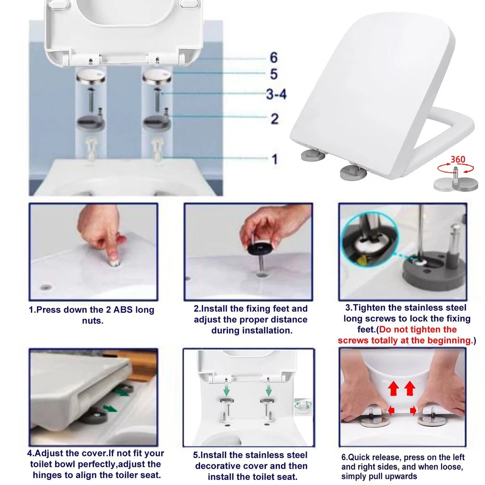 Luxury Square Toilet Seat Heavy Duty White Soft Close Top Quick Release Hinges - Image 4 of 4