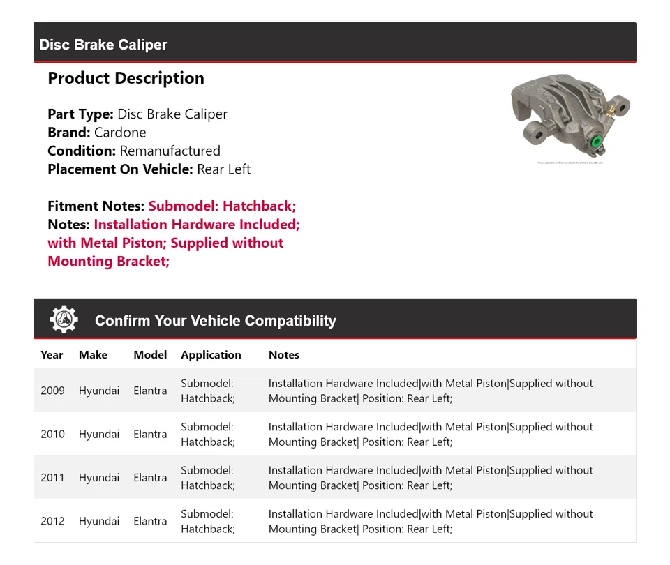 Pinça de freio a disco traseira esquerda Cardone Hyundai Elantra Hatchback 2009-2012 - Imagem 2 de 4