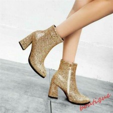Womens Glitter Zip Block Heels Ankle Boots Casual Party Dress OL Work Shoes Size