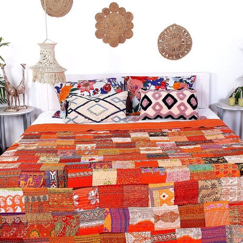 Vintage Patchwork Kantha Bedspread Indian Handmade Quilt Throw Silk & Blanket - Picture 33 of 64