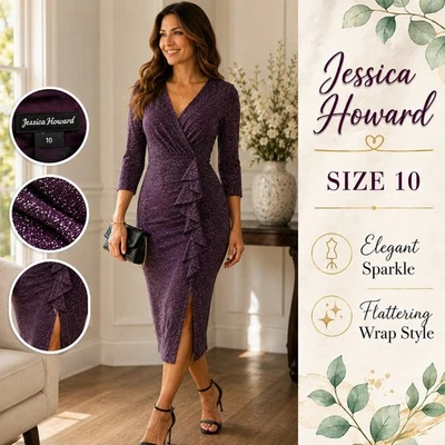 Jessica Howard Dress Womens 10 Purple Shimmer Faux Wrap Sheath Wedding Cocktail - Image 1 of 4