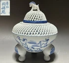 Japanese Vtg Incense Burner Ceramic Blue White Horse Figure Lid Art Decor Censer