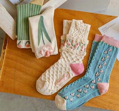 Beautiful Spring Tulip Flower Patterned Socks Stylish Custom Logo Women Cotton C