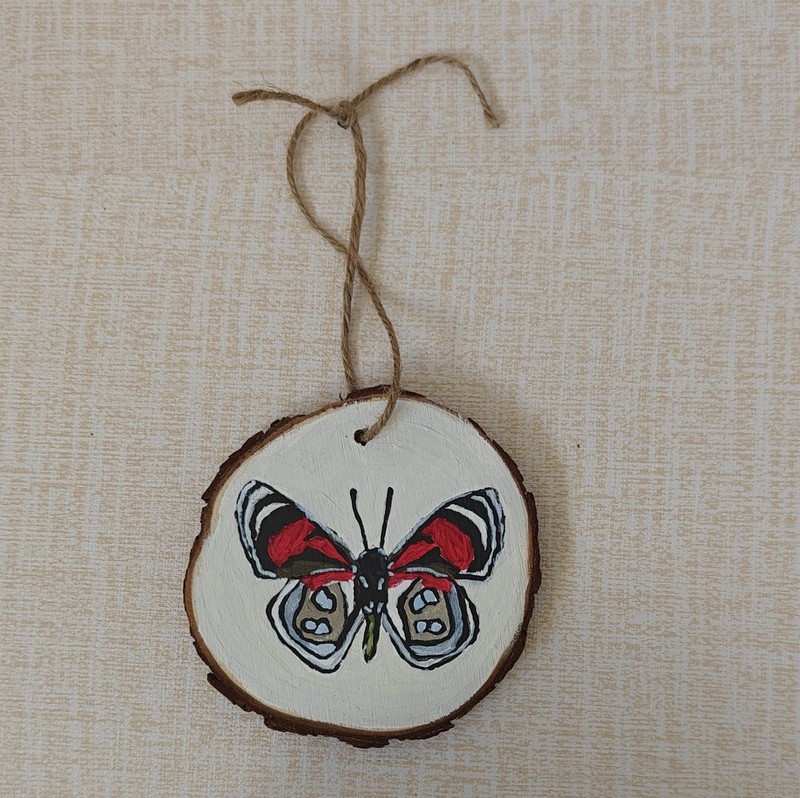 L Langford Hand Painted Wood Butterfly Round Ornament Contemporary Holiday