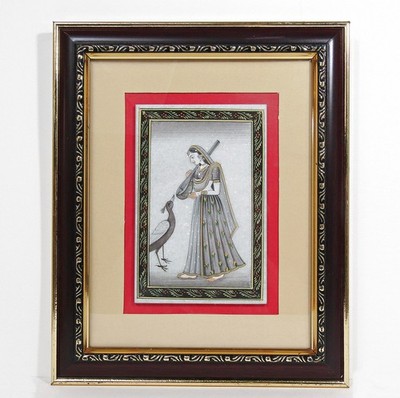 Rajasthani Ragamala Miniature: Ragini Kakubha w/ Peacock, Veena, Framed 9x11
