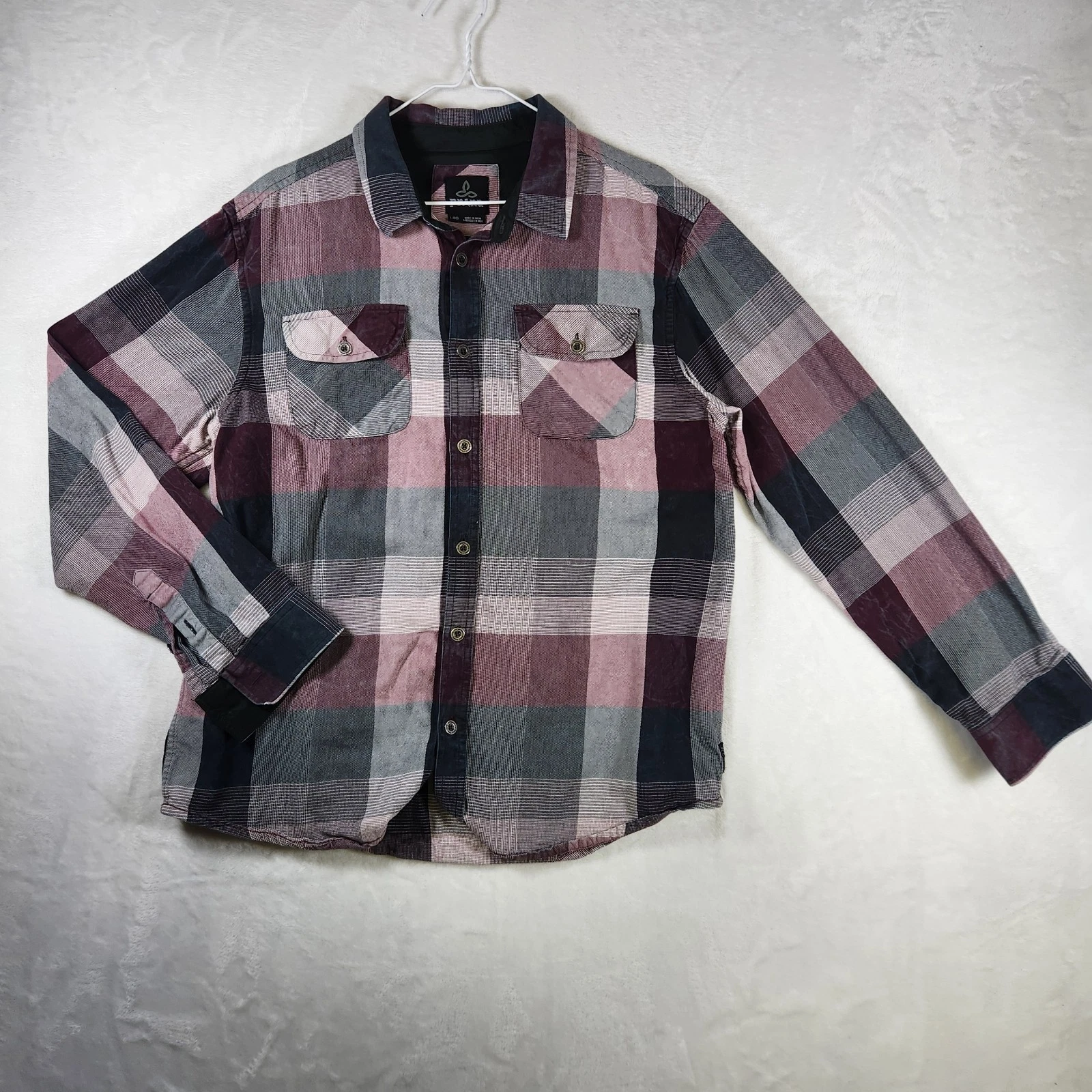prAna Men’s L Flannel Shirt Burgundy Gray Plaid Long Sleeve Button Front Outdoor