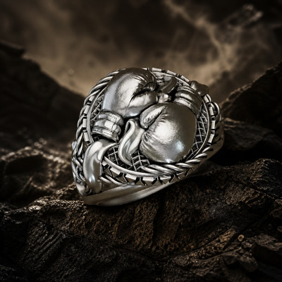 925 Sterling Silver Boxing Gloves Ring for Men, Oxidized Fighter Design