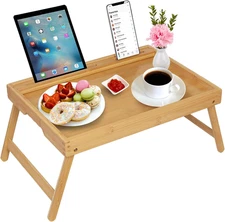 Bed Tray Table With Folding Legs Bamboo Breakfast Food Tray With Media Slot Use