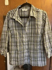 Rebecca Malone Lg Button Up Shirt Blouse Collared 3/4 Sleeve Women Green Plaid