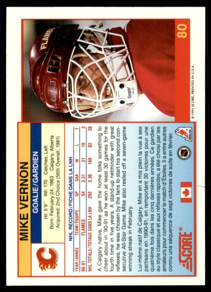 1991-92 Score Canadian Bilingual Mike Vernon #80 - Image 2 of 2