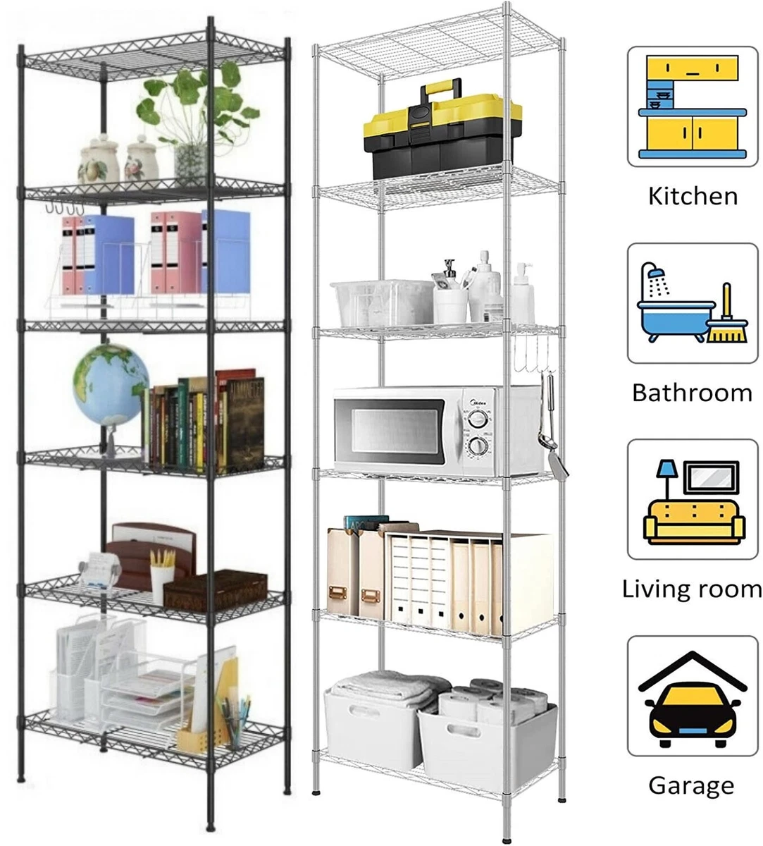 6 Tier Wire Shelving Unit Metal Storage Rack with Hooks Kitchen