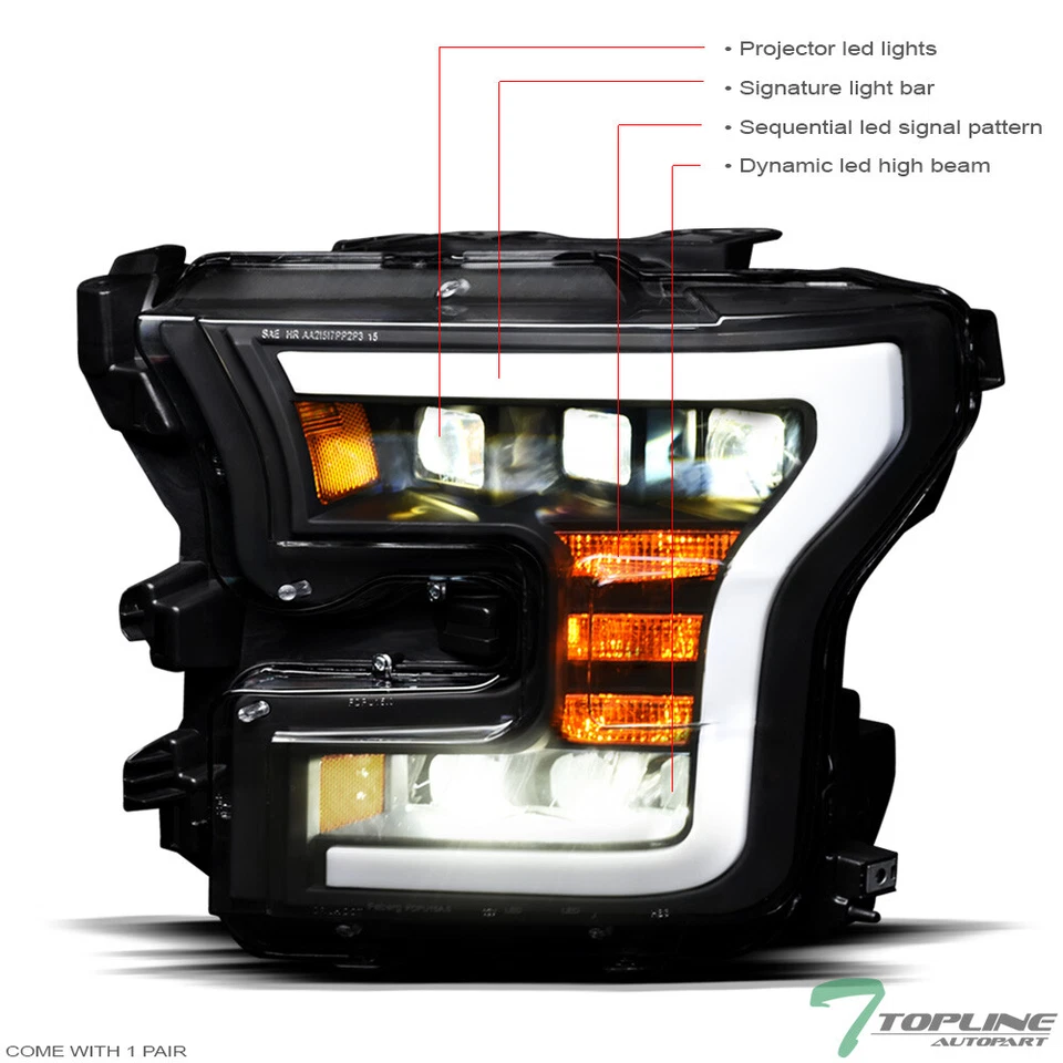 Topline For 15-17 Ford F150 Full LED Sequential Tri Projector Headlights - Black Foto 2 de 4