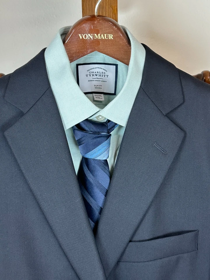 Charles Tyrwhitt 修身非铁性正装衬衫 15.5 34 完好绿色纹理 — 第 4/4 张图片