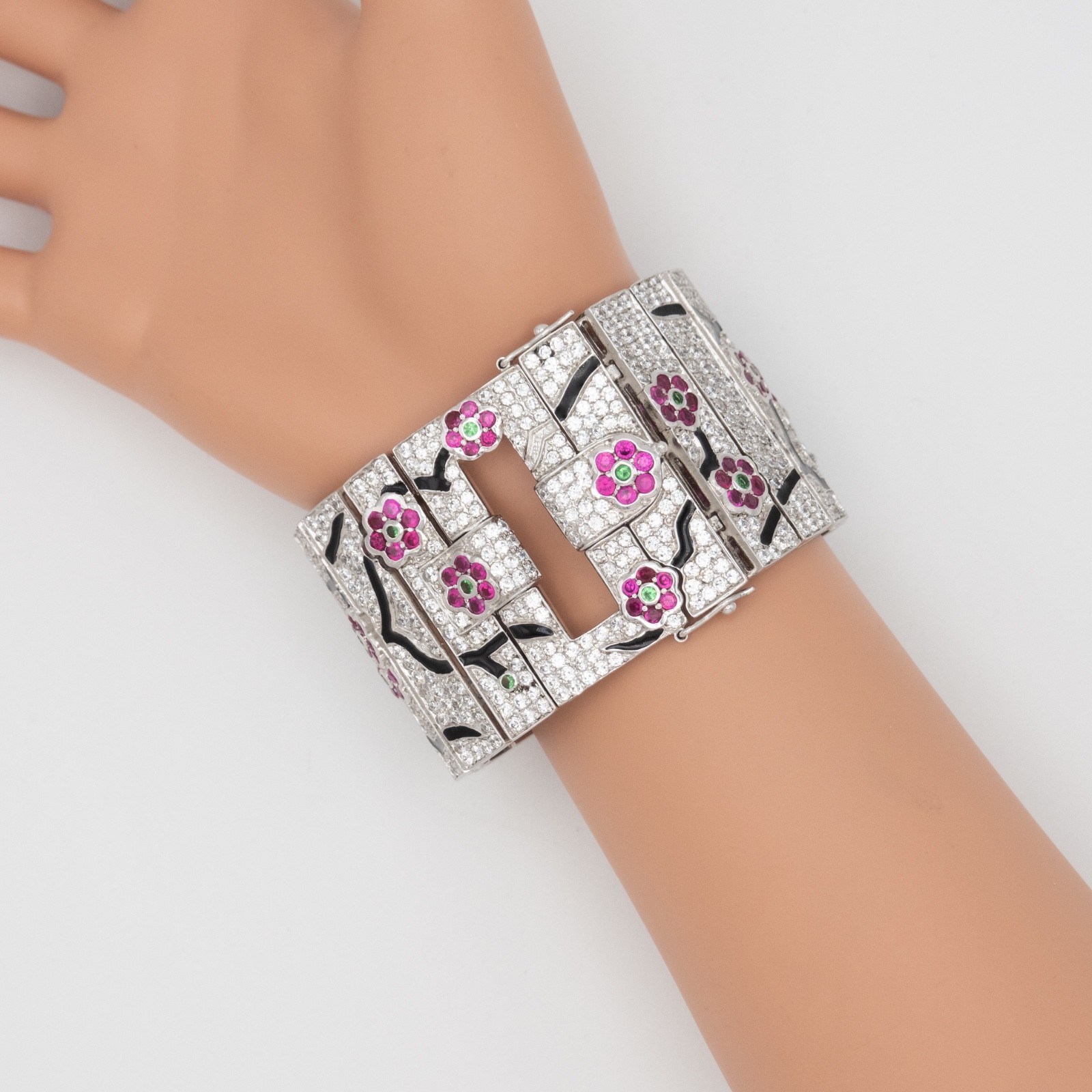 Signed JARIN Sterling Simulated Ruby & Emerald Fl… - image 3