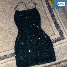 Sequin Strappy Bodycon Party Dress Dark Green Short Sleeveless Size M