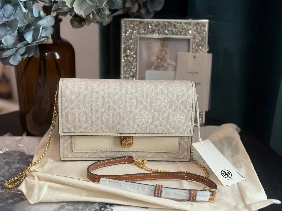 Tory Burch T Monogram 象牙色提花钱包 斜挎包 手包 钱包 160486 全新带标签 — 第 2/4 张图片