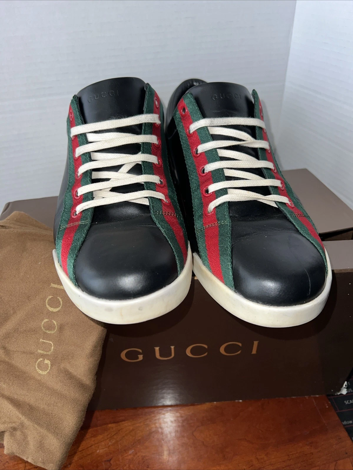 Baskets GUCCI SCRIPT Web STRIPE Cursive Boulevard homme taille 10G / US 10,5 157499