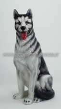 CANE SIBERIAN HUSKY SEDUTO IN CERAMICA BIANCO E GRIGIO ANIMALI ARREDO CASA
