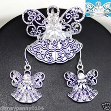 ANGEL Pendant Set-Matching Earrings Rhinestones-Antique Inspired-1 1/4"