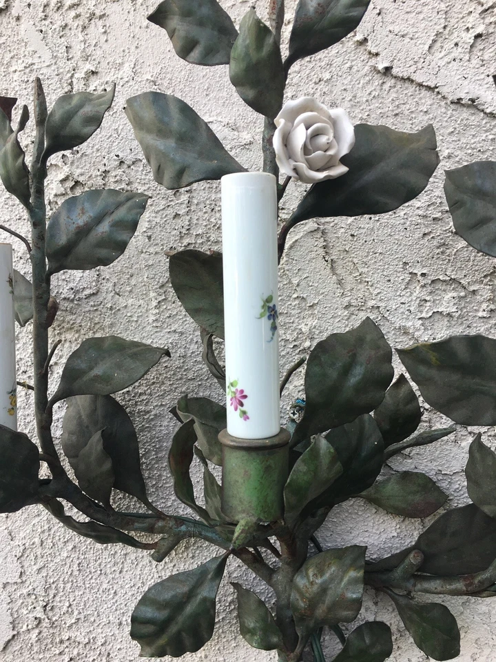 ANTIGUO APLIQUE DE PARED FRANCÉS TOLE Y PORCELANA Foto 3 de 4