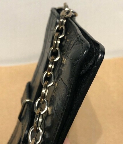 Furla Black Croc Embossed Genuine Leather Silver Chain Handbag Italy - Picture 7 of 12