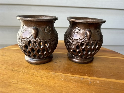 Retro Bronze Hue Owls Double Sided Metal Tea Light Votive Candle Holders-2