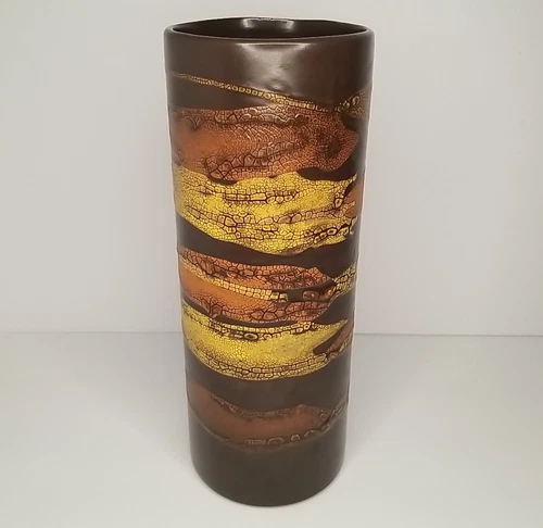 VTG Royal Haeger MCM Earth Wrap Cylinder Vase 11" Orange Brown Gold Lava Glaze