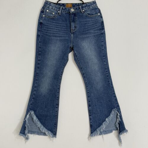 NWOT POL Distressed High Waisted Flare Wide Leg Denim Frayed Hem Jeans Small - Picture 2 of 16