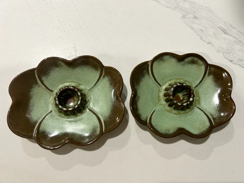 Vtg MCM Frankoma Pottery Candle Holders PAIR #300 Prairie Green Dogwood Blossoms