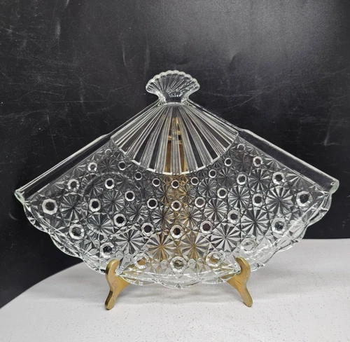 5 Vintage SNACK PLATES Fan Shape Pressed Glass Anchor Hocking Daisy & Button