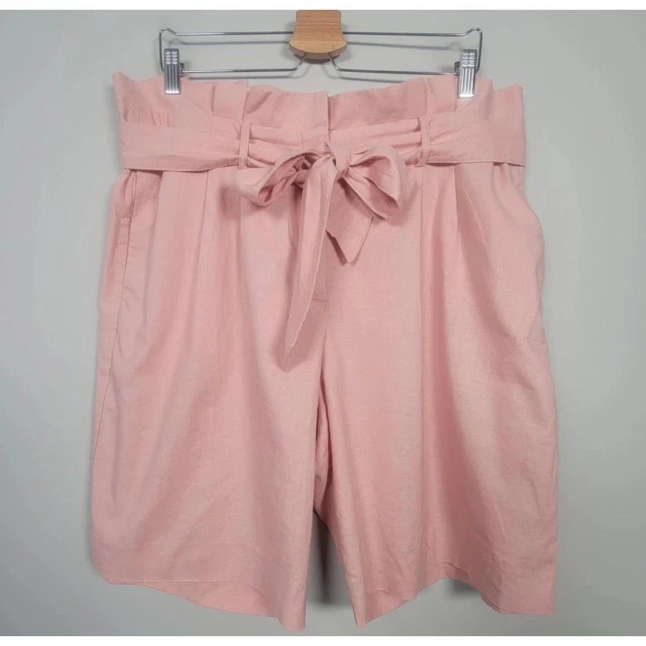 Boden Womens 14 Linen Cotton Paperbag Shorts Pink High Waist Belted