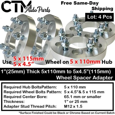4x 1'' Thick 5x110 to 5x4.5 (5x115) Wheel Spacer Adapter Fit Chevy Pontiac Saturn