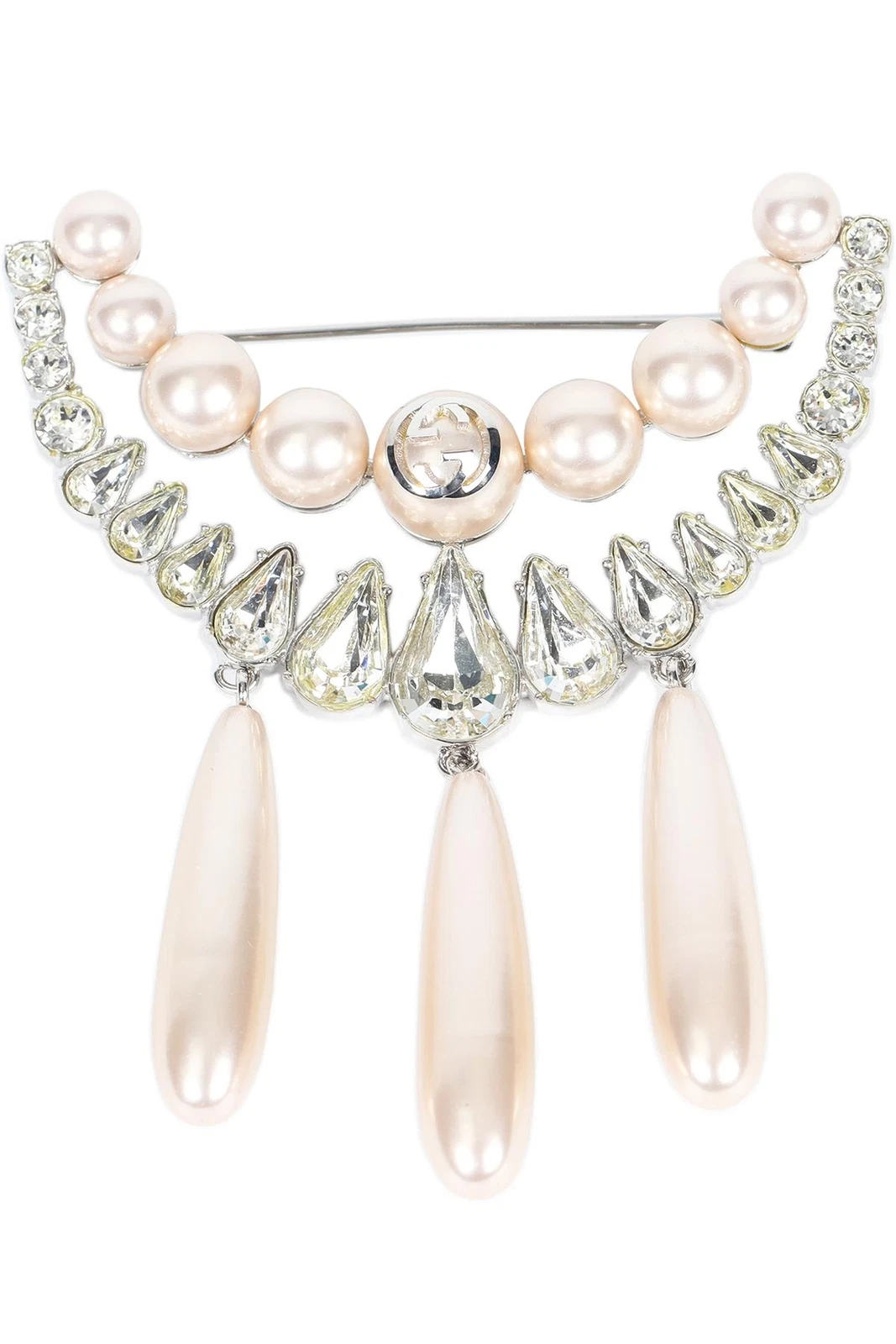 BROCHE EN CRISTAL ET FAUSSE PERLE GG ARGENT GUCCI
