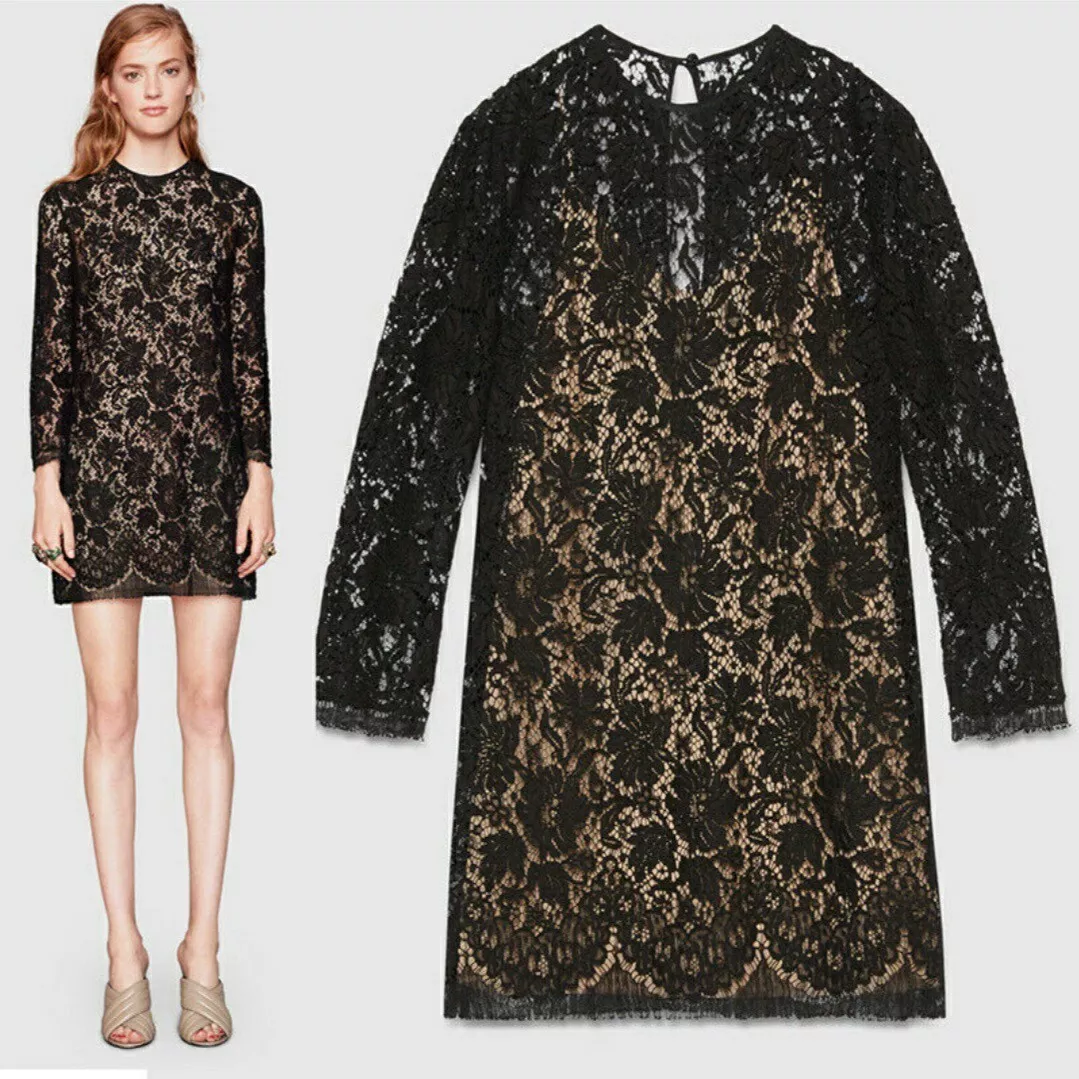 Robe de cocktail Gucci Runway 2015 noire superposée dentelle florale taille 38 IT 