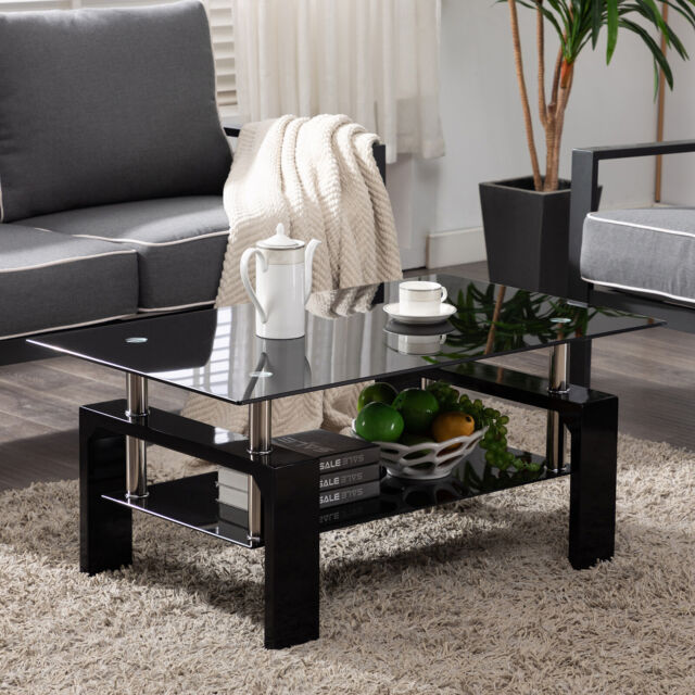 Black Highlight Glass Coffee Table End, Glass Living Room Tables