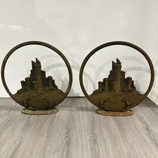 Lot Of 2 Antique 1920's Tube Radio Tower Cone Speaker Castle Scene Cast Iron