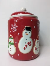 Hallmark Christmas Red Cookie Jar Canister 3 Snowmen Snowflakes 9" Sugar Cookies