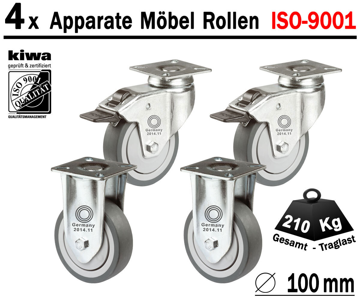Möbelrollen Apparate Laufrollen Lenk Rollen 4 x Ø 100 mm Br-Bo BS-Rollen Germany