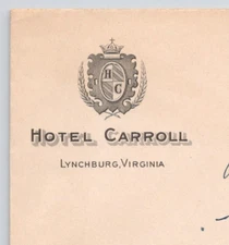 1935 Hotel Carroll Lynchburg VA  Advertising Cover
