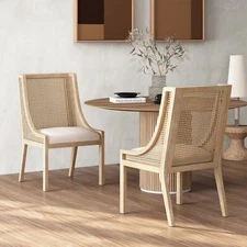 Wendell Rustic Cane and Wood Upholstered Dining Chairs, Set of 2