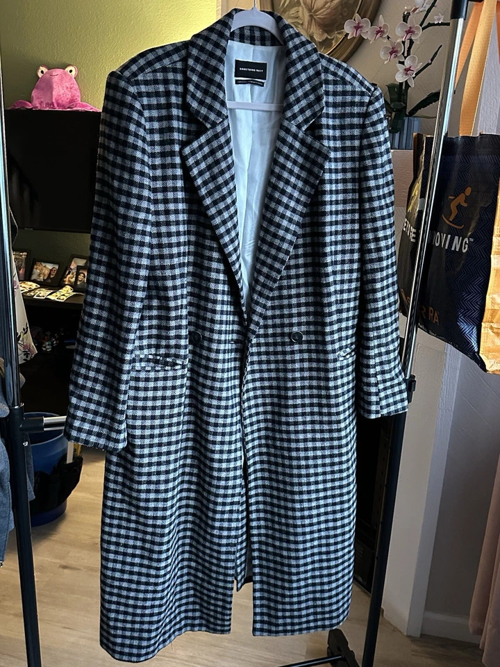 Maxi Abrigo Doble Pecho de Lana a Cuadros Gris y Negro SOMETHING NAVY