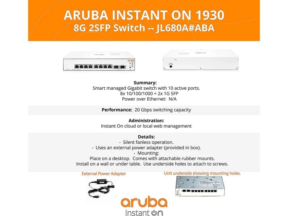 Aruba Instant On 1930 8-Port Gb Ethernet 8 x GE, 2X 1G SFP, L2+ Smart Switch US - Image 4 of 4