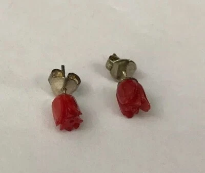 Vtg Sterling Silver 6-7mm Carved Rose Bud Natural Red Pink Coral Stud Earrings C - Image 1 of 4